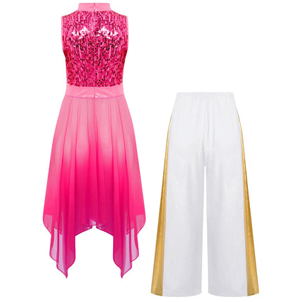 Kids Girls Praise Liturgical Church Worship Dance Outfit Sequins Chiffon Tunic Dress+Pants Choir Lyrical Contemporary Dancewear