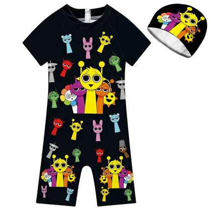 Summer Sprunki Plush Swimwear Kids Costume Toddler Baby One-piece Swimming Cap Bathing Suit Boys Girls Sprunki Print Beachwear