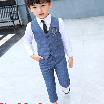 Boy Plaid Vest Blazer Kids Waistcoat Wedding Clothes Set Toddler Formal Dress Suit Child Brooch Shirt Pant Baby Gentlemen Outfit