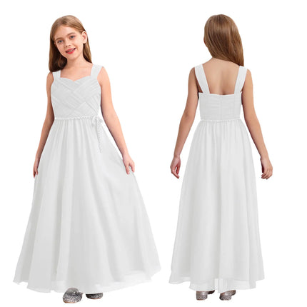 Kids Girls Wedding Bridesmaid Dress Spaghetti Strap Elegant Chiffon Maxi Party Dresses with Faux Pearls Belt for Banquet Pageant