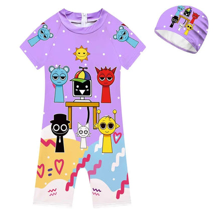 Summer Sprunki Plush Swimwear Kids Costume Toddler Baby One-piece Swimming Cap Bathing Suit Boys Girls Sprunki Print Beachwear