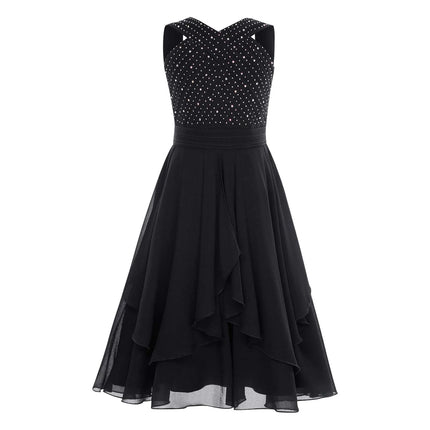 Shiny Rhinestone Chiffon Party Dress for Kids Girls Elegant Princess Birthday Formal Wedding Gown Sleeveless Knee-length Dresses