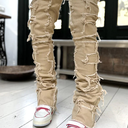 Ins Fringes Ripped Trousers Individual Patched Pants Long Tight Fit Stacked Jeans For Mens Clothing