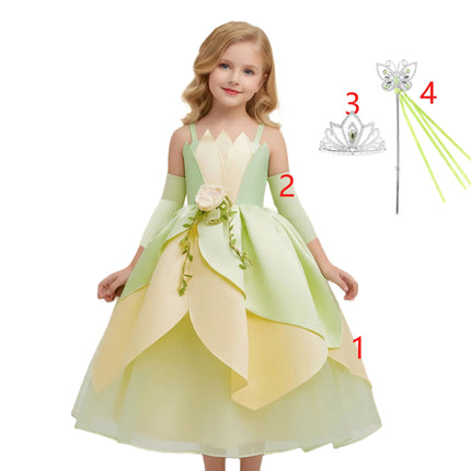 Summer Delicate Yellow Green Frock Flower Girls Wedding Party Dress Birthday Tiana Cosplay Princess and Frog Fairy Tale Costume