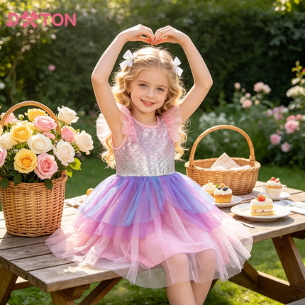 DXTON Kids Layered Mesh Dresses For Girls Ruffled Sleeveless European Style Princess Girls Dress Wedding Party Children Costumes