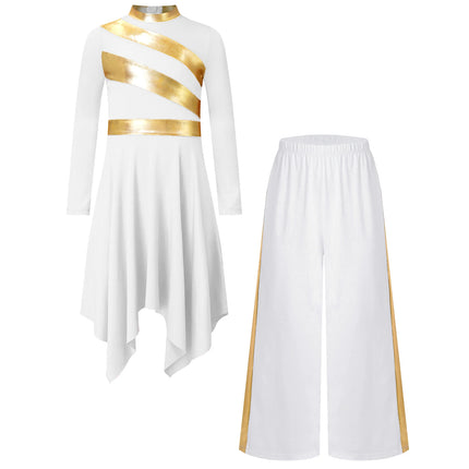 Kids Girls Praise Clothes Set Ballet Lyrical Performance Costume Metallic Church Christian Worship Robe Dress Tunic Dancewear