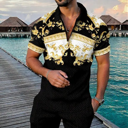 Men's Summer Fashion 3D Printed Short Sleeve Geometric Zip Lapel Shirt Set