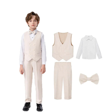 Teenager Kids Beige WaistCoat Shirt Pants Bowtie Tuxedo Dress Boys Vest Suit For Wedding Children Host Photograph Party Costume