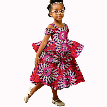 Girls African Kente Print Dress, Kente Ankara Off Shoulder Peplum Dress, Kids Dashiki Attire for Wedding Church