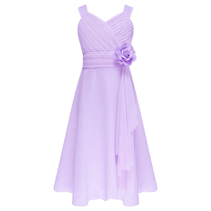 Children Girls Elegant Evening Birthday Party Maxi Dress Sleeveless Ruched Bodice Chiffon Princess Gown Wedding Bridesmaid Dress