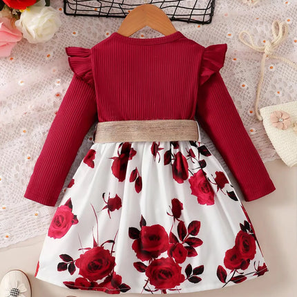 1-7 Years Children Girls New Year Dress Red Long Sleeved Flower Skirt for Birthday Wedding Party Wear Fashion Autumn Outfits