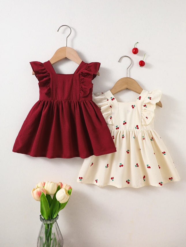 two-Piece Set: New Summer Arrivals for Baby Girls—Apricot and Red Ruffled Sleeveless Dresses with Adorable Cherry Prints.