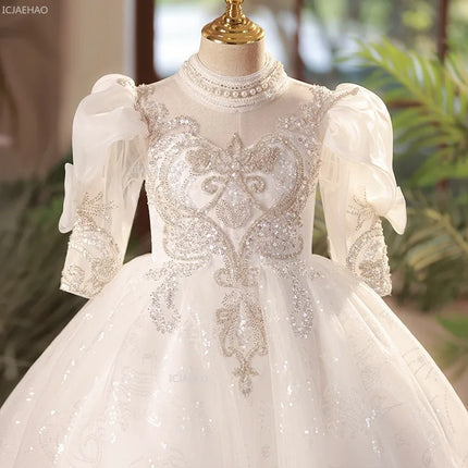 New Girls White Flower Girl Wedding Dress Children Middle Gown for Host Performance Pageant Formal Sleeve Puffy Princess Party
