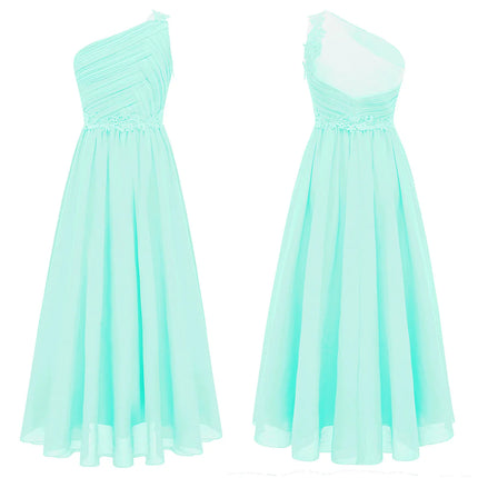 Kids Flower Girls Dress One Shoulder Pleated Evening Wedding Party Formal Occasion Long Maxi Junior Bridesmaid Tulle Dresses