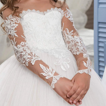Girls White Lace Long Sleeve Flower Girl Dress with Train Kids Luxury Tulle Ball Gown for Wedding Birthday Pageant
