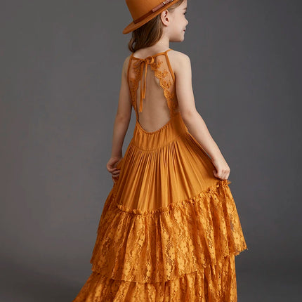 Big Girls Flower Wedding Party Backless Chiffon Dress Princess Kids Bohemia Lace Long Dresses Vestidos Clothing For 3-15 Years