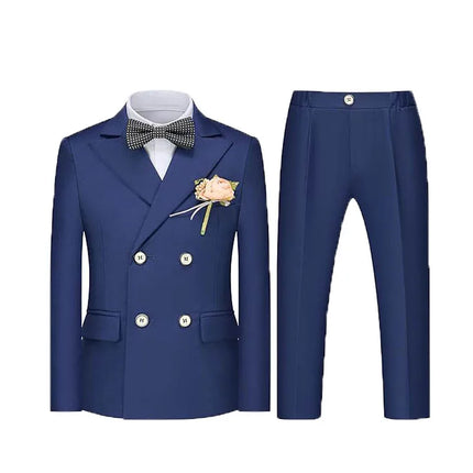 School Boys Navy Blue 5Pieces/Set Jacket Vest Pants Bowtie Flower Photograph Suit Kids Birthday Dress Children Wedding Custome