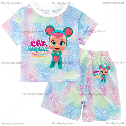 Crying Babies T-shirt Set Children Summer Clothing Girl Cartoon Anime Short Sleeve Sets Leisure Kawaii Clothes Kid Cute Tee Gift