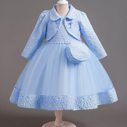 Spring Flower Girl Elegant Dresses for Wedding Girls’ Formal Dress with Bag 3 PC Set Long Sleeve Kids' Clothes 3 to 12 Years