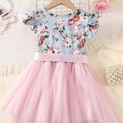 Girls Floral Print Tutu Dress Pink Big Bow Sleeveless Princess Party Dresses Kids Wedding Birthday Pageant Ball Gown Children Fo