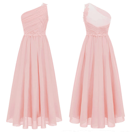 Kids Flower Girls Dress One Shoulder Pleated Evening Wedding Party Formal Occasion Long Maxi Junior Bridesmaid Tulle Dresses
