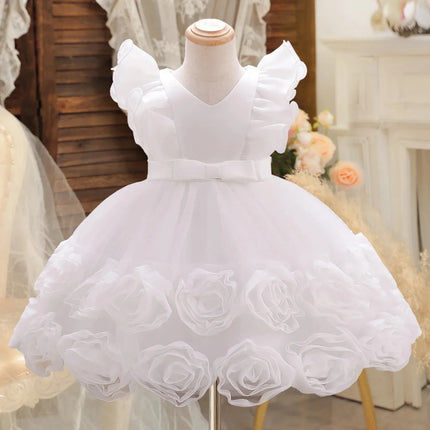 Elegant Party Dresses For Flower Girls Flying Sleeves Bow Puffy Princess Dress For Children Birthday Wedding Baptism Prom Gown