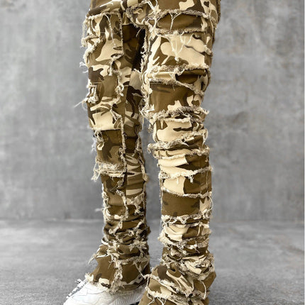 Ins Fringes Ripped Trousers Individual Patched Pants Long Tight Fit Stacked Jeans For Mens Clothing