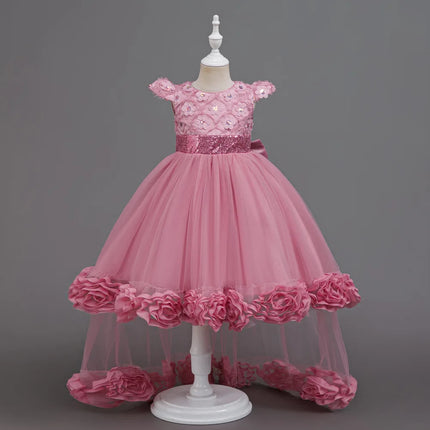 Flower Girl Dress 3D Rose Lace Tulle Sequin Waistband Princess Gown Birthday Holiday Wedding Party Formal Girls Dresses 3-12Y