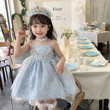 Summer Girls Korea Birthday Lace Blue Cute Shiny Wedding Ball Gown Bow Party Dress Princess Floral Baby Children Lolita Skirts