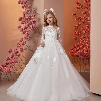 White Flower Girl Dress for Wedding Full Sleeves Lace Beaded Floor Lenght Kids Birthday Party First Communion Gowns Custom