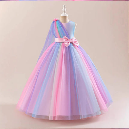 Rainbow Mesh Girls Elegant Bridesmaid Party Dress Kids Wedding Birthday Princess Evening Gown 10 12 Years