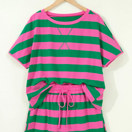 Rose Stripe Dolman Tee Drawstring Skort Athletic 2pcs Set