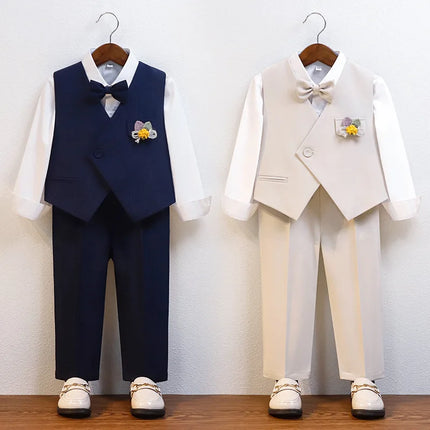 Gentleman Kids Summer Breathable Wedding Dress School Boys Vest Shirt Pants Bowtie Photography Suit Children Birthday Costume