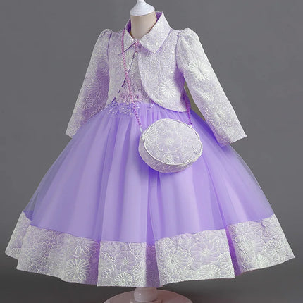 2024 New Girls' Gowns Puffy Yarn Princess Dress Three Piece Set High end Long Sleeve Birthday Wedding Dress