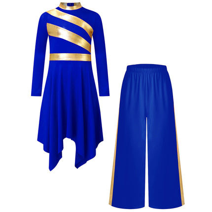 Kids Girls Praise Clothes Set Ballet Lyrical Performance Costume Metallic Church Christian Worship Robe Dress Tunic Dancewear