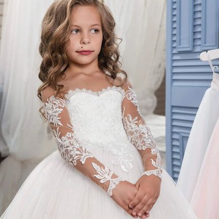 Girls White Lace Long Sleeve Flower Girl Dress with Train Kids Luxury Tulle Ball Gown for Wedding Birthday Pageant
