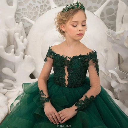 Party Dress New Lace Court Princess Costume Kids LongPerformance Ball Gown with Train Dresses Sleeve Flower Girl Wedding Gown