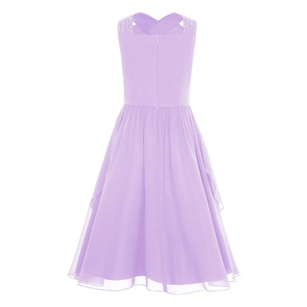 Shiny Rhinestone Chiffon Party Dress for Kids Girls Elegant Princess Birthday Formal Wedding Gown Sleeveless Knee-length Dresses
