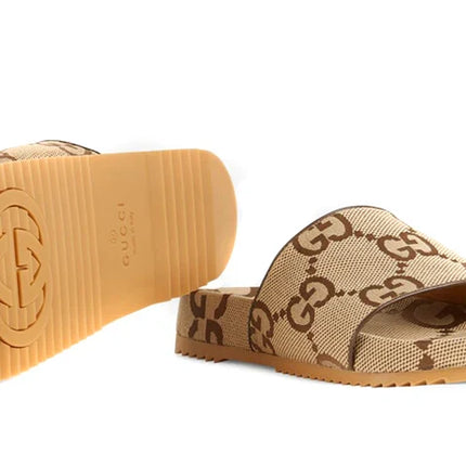Gucci GG Canvas Camel Monogram Slide Sandals with Platform Sole - Chic Italian Casual Footwear
