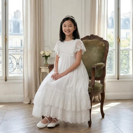 White Lace First Communion Dress Tiered Ruffle Hem Floor Length Tulle Flower Girl Dress Kids Church Baptism Wedding Birthday