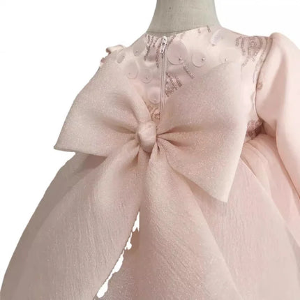 Girls' New Style First Birthday Wedding Dress Party Elegant Puffy Long Sleeve Embroidered Sequin Bow Princess Dress