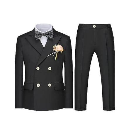 School Boys Navy Blue 5Pieces/Set Jacket Vest Pants Bowtie Flower Photograph Suit Kids Birthday Dress Children Wedding Custome