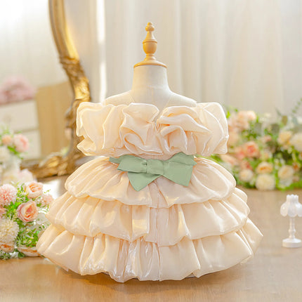  Baby Girls Bow Layered Ball Gown Cute Clothes Infant Birthday Dress Wedding Toddler Princess Party Baptism Frock