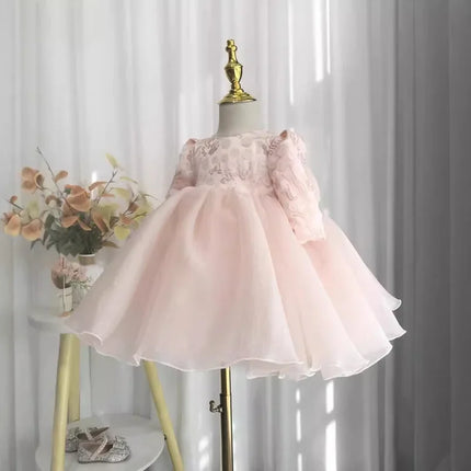 Girls' New Style First Birthday Wedding Dress Party Elegant Puffy Long Sleeve Embroidered Sequin Bow Princess Dress
