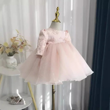 Girls' New Style First Birthday Wedding Dress Party Elegant Puffy Long Sleeve Embroidered Sequin Bow Princess Dress