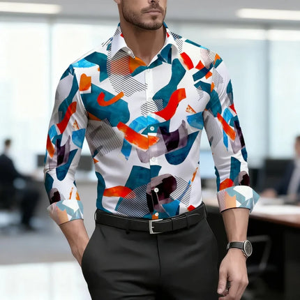 Men's shirt, personalized contrasting color abstract printed shirt, trendy artistic style, long sleeved lapel shirt, casual top