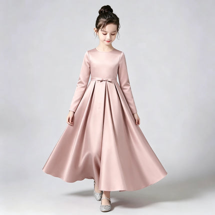 Satin First Communion Dress Round Neck Full Long Sleeve Bow A Line Modest Kids Flower Girl Gown for Church Piano Wedding Party