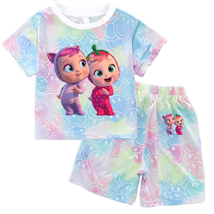 Crying Babies T-shirt Set Children Summer Clothing Girl Cartoon Anime Short Sleeve Sets Leisure Kawaii Clothes Kid Cute Tee Gift