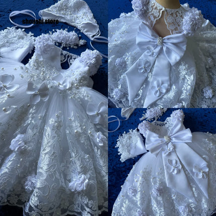 Cute Lace Baptism Christening Gown With Bonnet Outfit Baby Girls White Party Birthday Gown Wedding 3D Flower Girl Dress