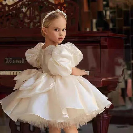 Princess Dress High End Girl Dress White Satin Flower Girl Host Wedding Dress Birthday Little Girl Evening Clothes